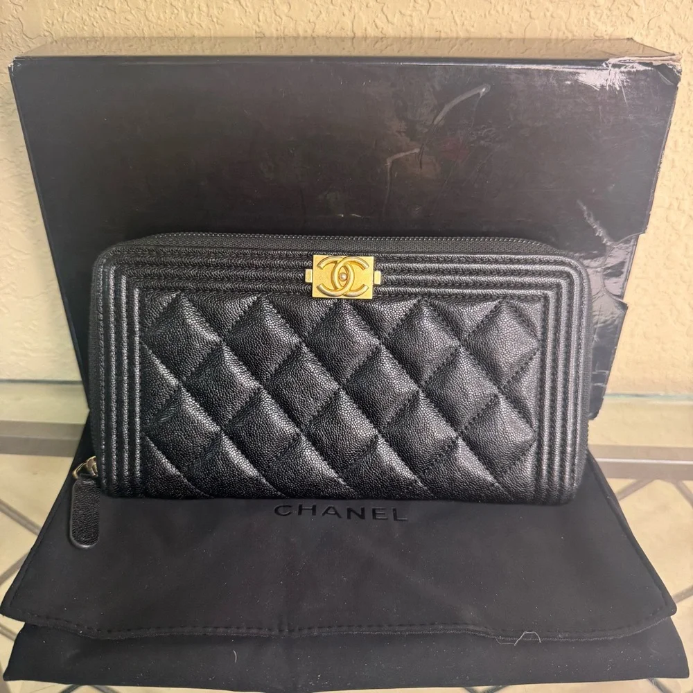 CHANEL Black Quilted Caviar Leather Boy Long Zipped Wallet
